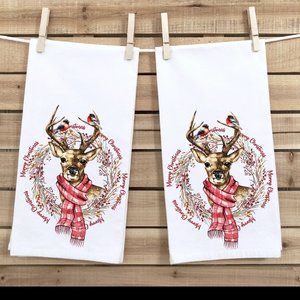 Christmas Tea Towels, Set of 2, Red Reindeer Wreath